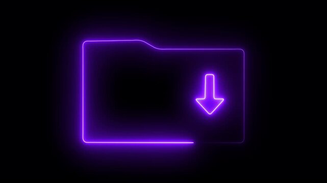 Glowing neon downloading files and folder animation concept. pointing towards download button arrow in looping with black background.