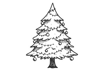 Hand-drawn christmas tree with ornaments and string lights - stock vector