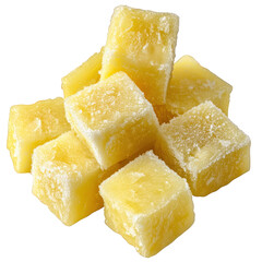 A tempting stack of frozen mango chunks isolated on transparent background, displaying their vibrant color and delightful texture, perfect for a refreshing treat