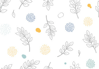 A whimsical pattern of delicate floral sprigs and colorful abstract dots.