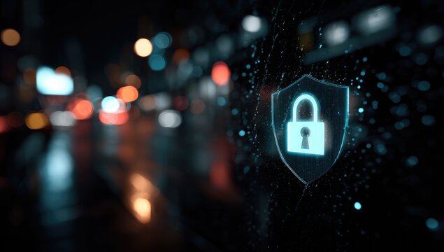 Cybersecurity shield with padlock icon on a dark city night background.