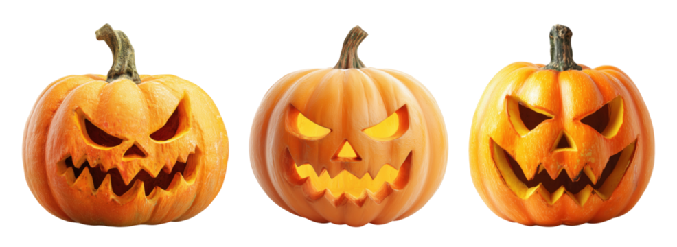 Three carved orange Halloween pumpkins with spooky faces isolated on transparent background - Powered by Adobe