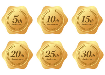 金色アニバーサリースタンプアイコン／5周年〜30周年の記念マークセット
