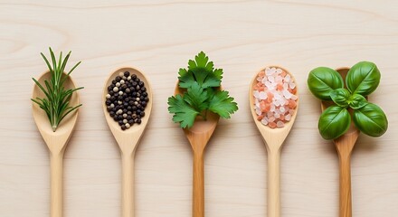 Wooden Spoons with Herbs and Spices.
