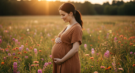 Pregnant woman in meadow at sunset maternal joy and natures embrace