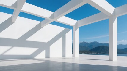 Fototapeta premium Modern white architectural structure with open view of mountains and sky