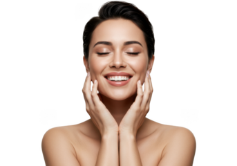 Woman smiling with hands on her face on transparent background