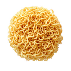 Isolated on transparent background, a compact mound of uncooked ramen noodles, displaying its intricate, wavy texture and pale yellow color, ideal for asian cuisine projects