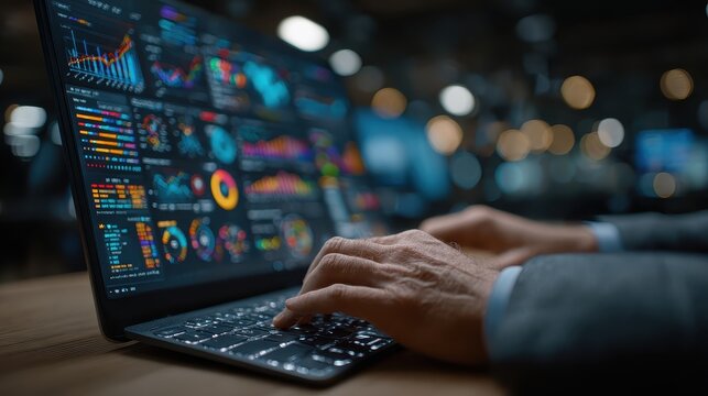 Person types on keyboard analyzing big data and business analytics displayed on a screen, showing World map and graphics near a wooden table