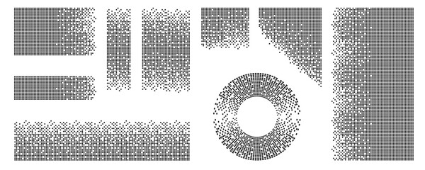 Round and square pixel mosaic background, cube dots pattern. Digital vector square dot gradient with halftone effect, grid fade geometric circle, ring pixel art bg