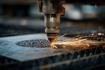 Industrial laser engraving metal, creating sparks and intricate design