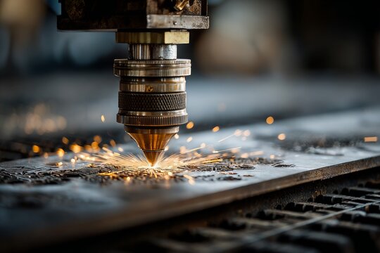 Laser engraving machine cutting metal sheet with sparks in workshop