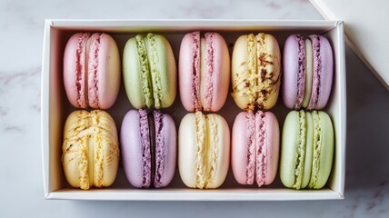 Assorted macarons in white box with soft lighting. AI image