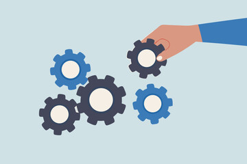Business solution to fix problem, businessman hand put important gear to make machine run good