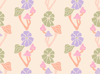 Nature Matisse illustration. Art Nouveau landscape panorama with Chamomiles and Mushrooms. Tile seamless pattern in groovy 60s 70s vibes. 