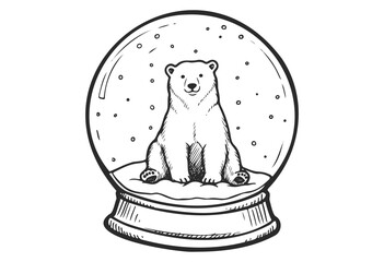Black and white polar bear in snow globe illustration with snowfall - stock vector