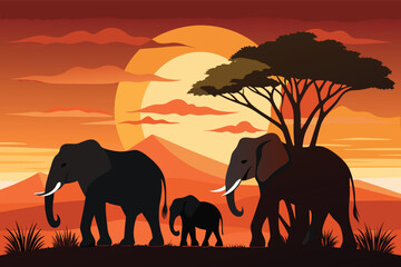 Fototapeta premium Elephants walking at sunset near a mountain in a natural landscape setting