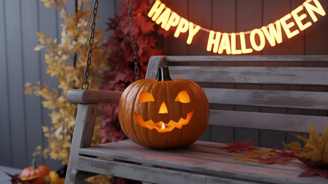 A carved pumpkin sits on a bench with a happy halloween banner behind it - Powered by Adobe