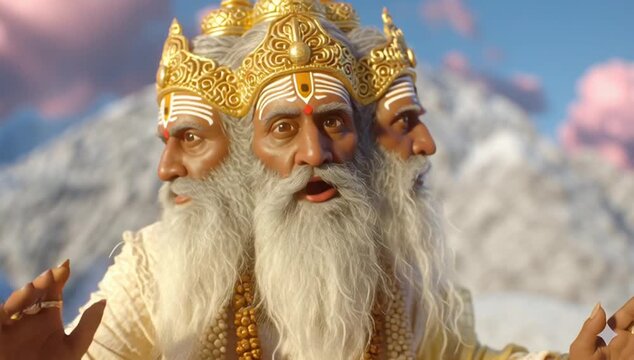 Brahma sits in divine meditation, his three faces serene and radiant, emanating cosmic wisdom in an epic, celestial scene.