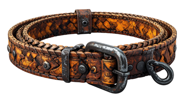 A coiled, intricately woven leather belt