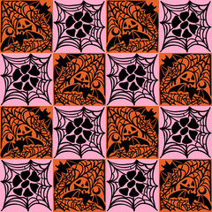 Halloween seamless pattern with jack o lanterns, bats, and spiderwebs in bold orange and pink. perfect for festive designs, textiles, wrapping paper, or digital art. Simple squares background