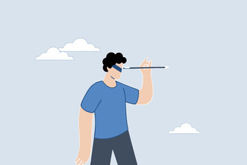 confused businessman blindfold throwing dart.