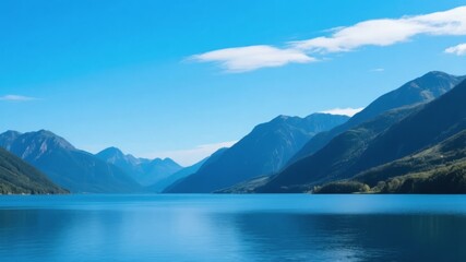 A serene lake surrounded by majestic mountains under a clear blue sky
