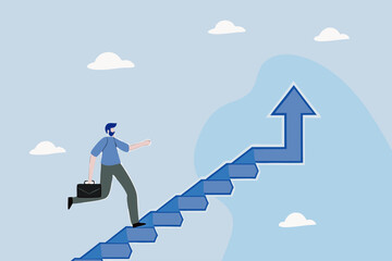 Obraz premium businessman climbs ladder of success with arrow.