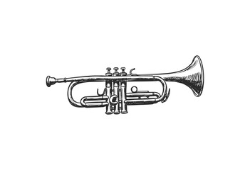 Naklejka premium Detailed black and white sketch of a trumpet with intricate valve details - stock vector