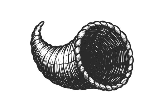 Detailed cornucopia sketch with textured woven design in black and white - stock vector