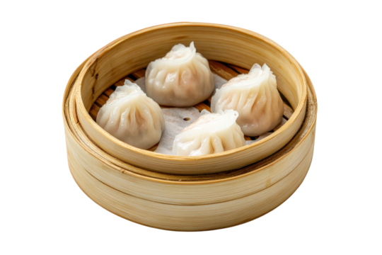 Closeup of har gow, a traditional cantonese dumpling, served in a bamboo steamer isolated on transparent background, highlighting its delicate translucent skin and savory filling