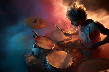 Fototapeta premium Musician playing drums with colorful powder exploding around him, creating a dynamic and vibrant scene