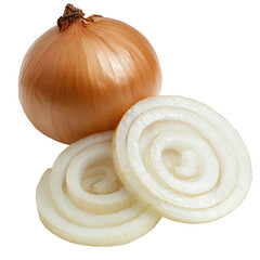 Golden onion and sliced rings, showcasing its layers and texture, isolated on transparent background, evoking a sense of culinary freshness and natural ingredient