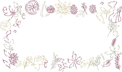 Naklejka premium 秋の落ち葉と木の実のベクターイラスト。葉っぱの秋植物イラスト。秋の線画背景。Autumn leaves and nuts vector illustration. Autumn plant illustration with leaves. Autumn line art background.