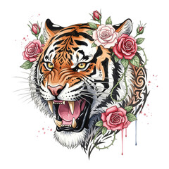 Obraz premium Fierce tiger head with open mouth and sharp teeth, adorned with roses and thorns, isolated on transparent background