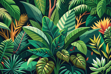 Lush tropical foliage creating a vibrant jungle scene full of life and color