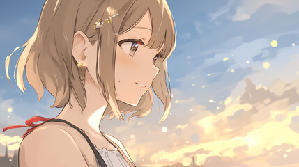 黄金色の夕空に照らされる美少女ポートレート