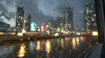 Obraz premium Rainy Night City View Through Window