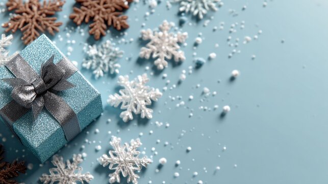 Light blue surface with gift box and snowflakes - Powered by Adobe