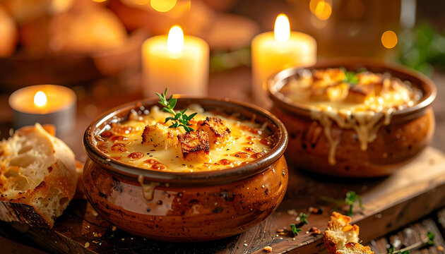 Two bowls of French onion soup with melted cheese, crusty bread, and candles. - Powered by Adobe