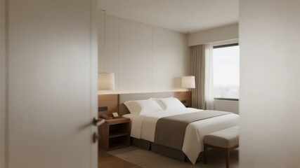 Fototapeta premium Modern hotel room with neatly made bed, bedside lamps, and natural light from a window