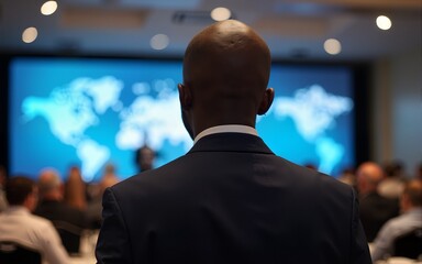 African Businessman Speaking at a Global Economic Strategies at International Business Conference. Public Speaker Sharing Professional Knowledge and Leadership Insights. Shot from Behind