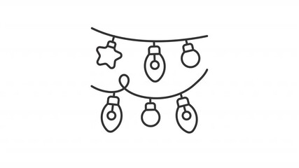 Animated Christmas lights line icon. Festive garland glowing animation. Decorative lamps for New Year holiday celebration. Outline element on white background. HD video with alpha channel