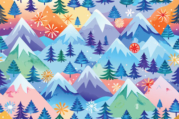 Fototapeta premium Colorful winter landscape with mountains and trees in a vibrant artistic style