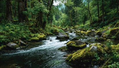 Lush forest stream flowing over mossy rocks