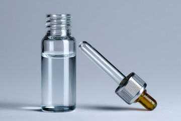 Small glass bottle with clear liquid and a dropper containing a drop of amber liquid, resting on a gray background