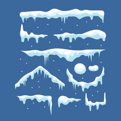 illustration of snow caps and icicles in different shapes and styles on a blue background, perfect for winter, Christmas, or game design elements