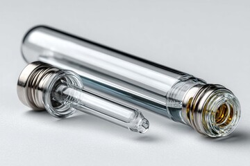 Glass cartridge and dropper containing aromatic liquid for electronic cigarettes, lying on white surface