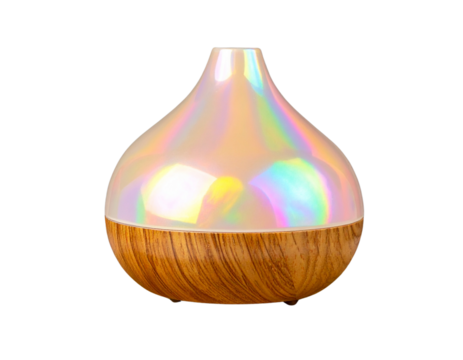Iridescent Glass Essential Oil Diffuser with Wooden Base, Angled Side View, isolated on transparent background.
