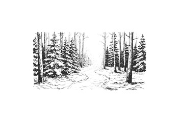 Serene winter forest path with snow-covered evergreen trees in black and white - stock vector
